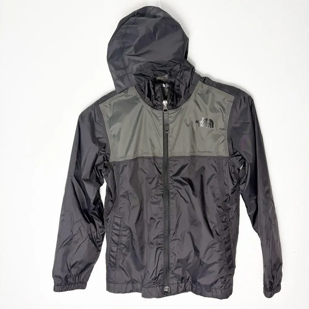 The North Face Boys 7-8 Black/Gray Windbreaker Rain Jacket Hooded Lightweight